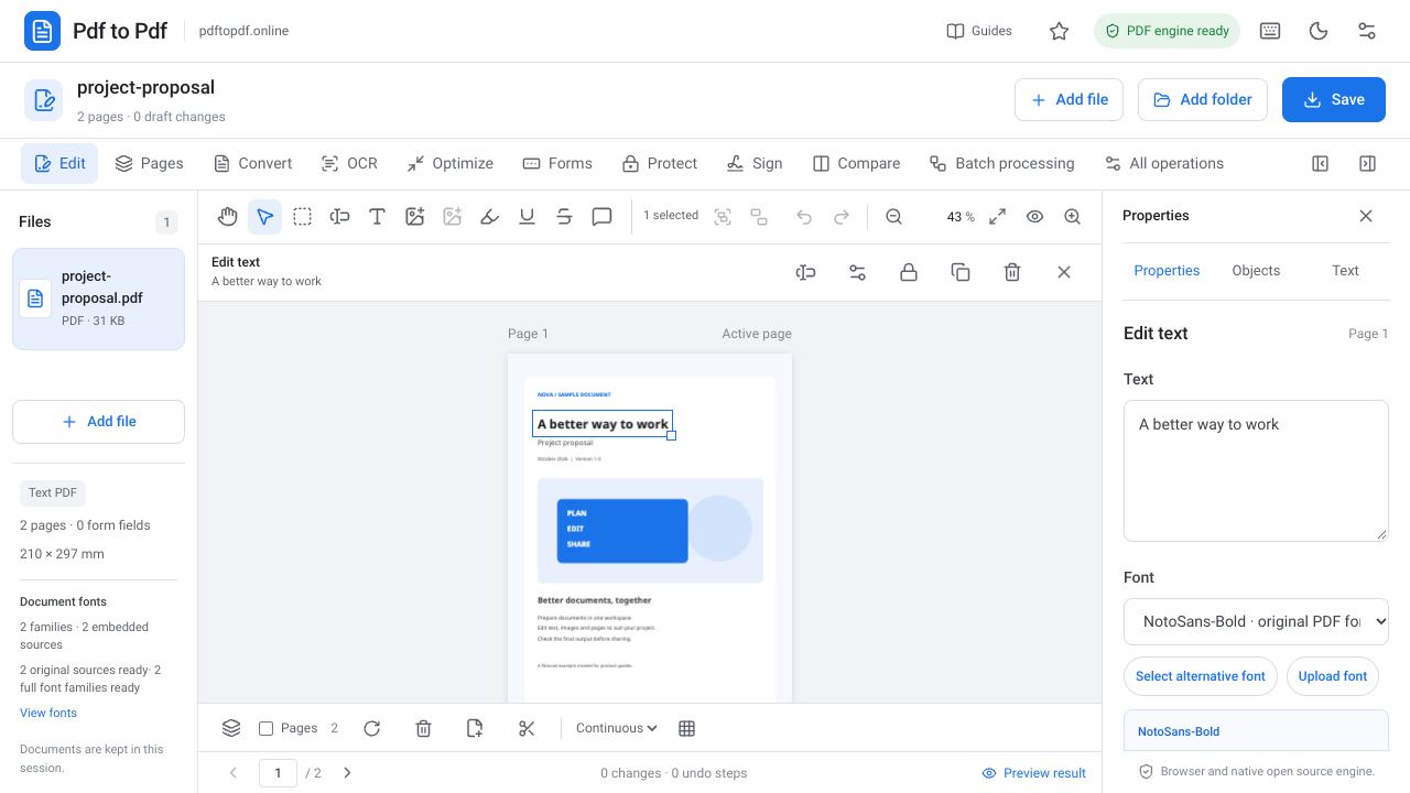 Text and page tools for a sample document in the Pdf to Pdf editor