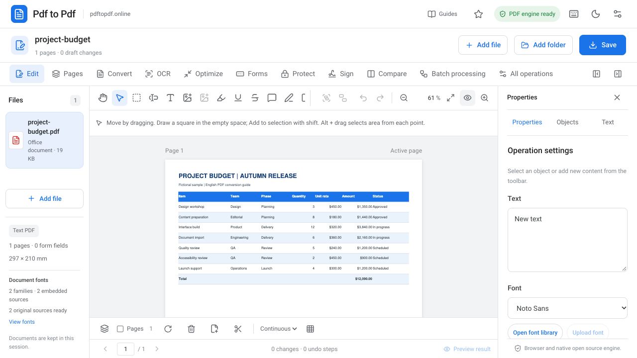 Studio preview of PDF pages created from an Excel spreadsheet